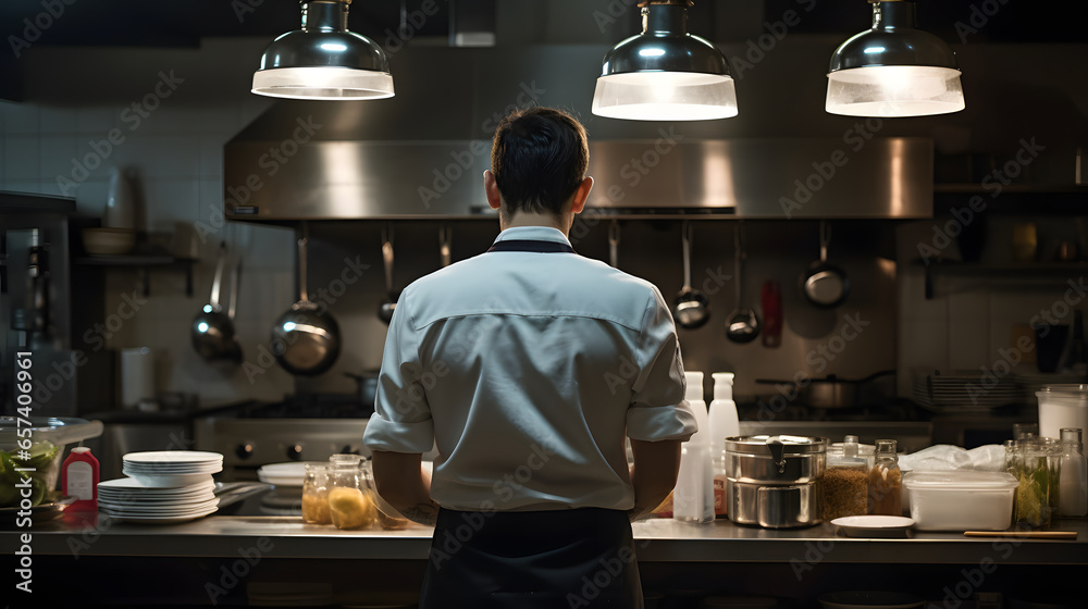 Back view of professional chef working in modern restaurant kitchen Back view of professional chef working in modern restaurant kitchen