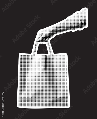 Hand holding shopping paper bag, Halftone collage design element in trendy magazine style. Vector illustration with vintage cutout shape.