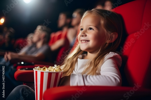 Cute little girl watching movie in a cinema, happy little child sitting and eating popcorn while watching movie. Concept of entertainment and enjoyment.