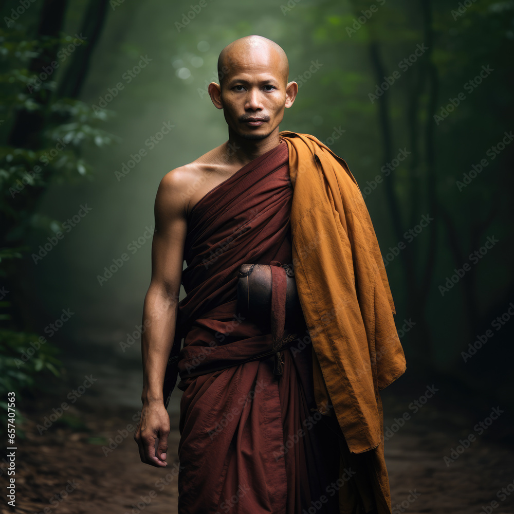 A monk on trail looking at camera. A monk on trail looking at camera.