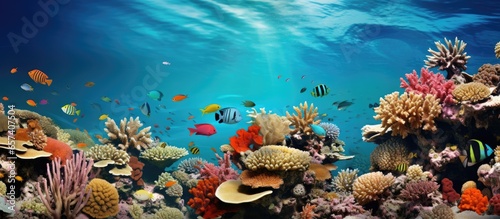Panoramic view of coral reef with fish seaweeds and corals in the Red Sea Egypt With copyspace for text