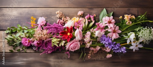 Partial view of florist crafting floral arrangement on wooden table With copyspace for text © 2rogan