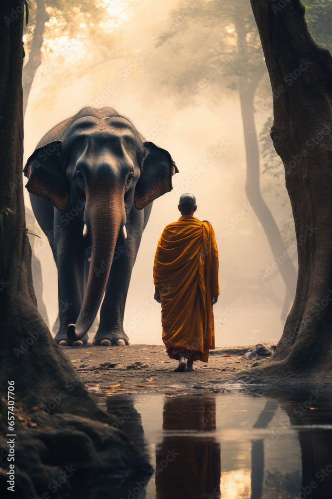a monk standing next to an elephant.