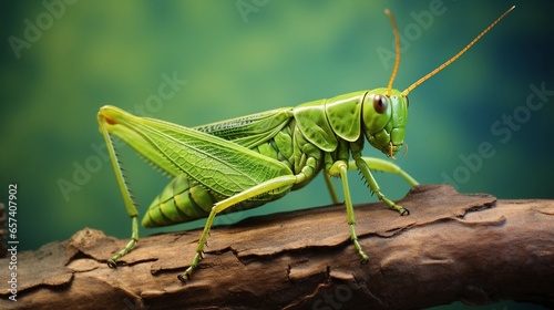 A vibrant green grasshopper on a textured leaf with space for text, background image, AI generated © Hifzhan Graphics