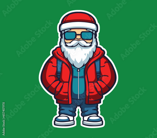 The Trendsetting Santa Claus: Vector Graphics Mascot Character Illustration of a Cool and Stylish Santa Sporting a Sleek Puffer Jacket for a Modern Holiday Vibe