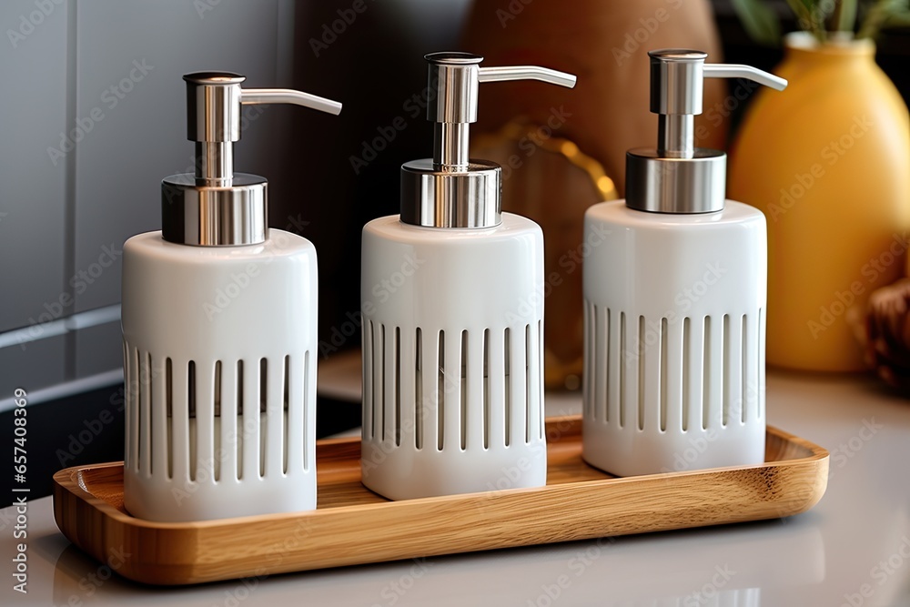 soap dispensers and baskets on a wooden tray soap dispensers and baskets on a wooden tray