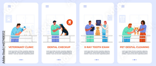 Veterinary, Dentistry, Healthcare checkup Pet. Template banner mobile app set. Dental Care, X-ray, brush teeth treatment domestic animals. Flat vector illustration page UI design