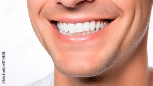 a close-up photograph of a smiling man with perfect white teeth  showing the health of his teeth . Generative AI