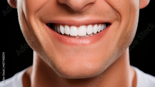 a close-up photograph of a smiling man with perfect white teeth, showing the health of his teeth . Generative AI