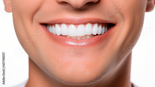 a close-up photograph of a smiling man with perfect white teeth, showing the health of his teeth . Generative AI