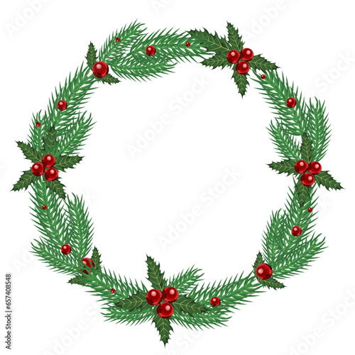 Christmas wreath made of spruce branches and holly, isolated on a white background.Vector illustration for postcards,banners, holiday designs.