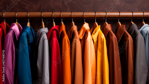 hanging in rows of brightly colored clothes sewn for the fall or winter season, Generative AI
