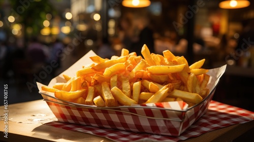 French fries in a box on a table in a cafe. Selective focus