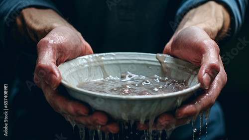 hands wash a dirty plate  dishes  close-up. Generative AI 