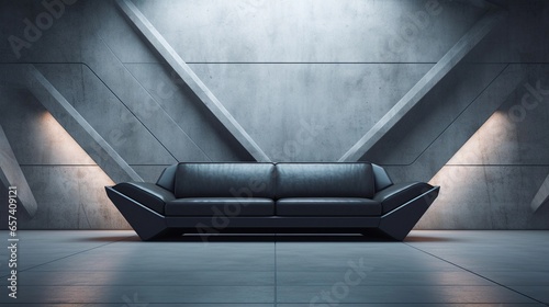 Image of a modern futuristic sofa with space for text and high tech wall background, background image, AI generated