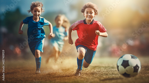 children playing soccer, happy and satisfied faces. illustration of a sporting event. generated ai © Yuriy Maslov