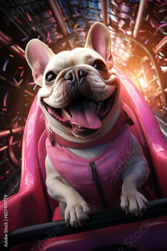 French bulldog ride a roller coaster, 3d, fantasy