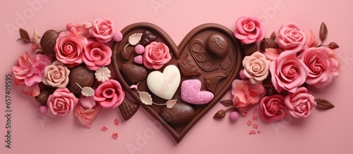Roses Valentines Day chocolate assortment includes nut filled varieties isolated pastel background Copy space © HN Works