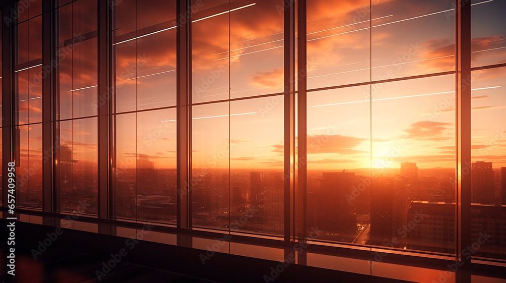 A photograph of the interaction of light at sunset through the window of a skyscraper. Generative AI