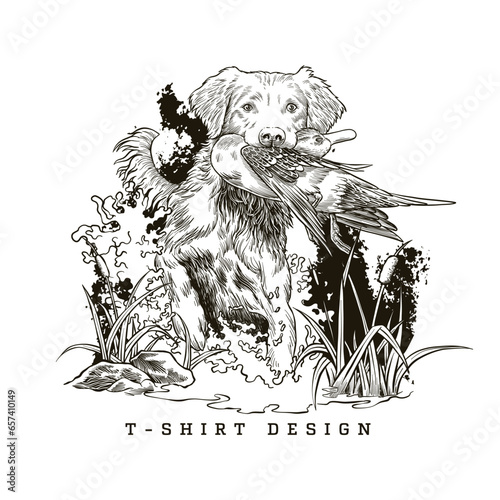 black and white vector illustration of a hunting dog biting a duck in a swamp, t-shirt design on a black background