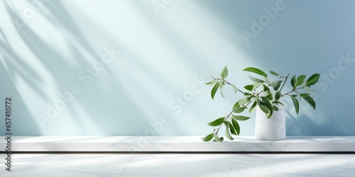 minimalistic light background with blurred foliage shadow on a light blue wall, generative AI © VALUEINVESTOR