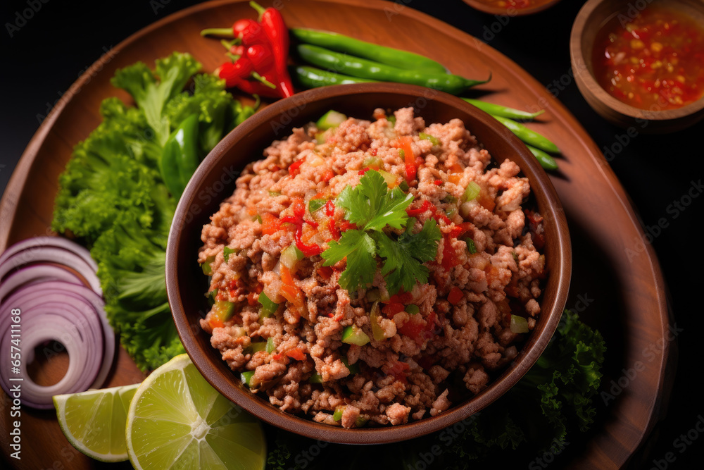 a beautifully presented dish of larb, a zesty minced meat salad with fresh herbs, lime juice