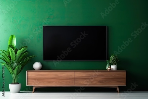 Modern TV cabinet on a plain green wall in the living room