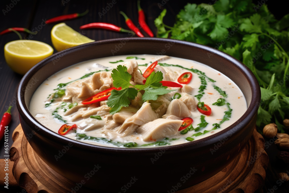 A delightful bowl of tom kha gai, a creamy and aromatic chicken coconut soup A delightful bowl of tom kha gai, a creamy and aromatic chicken coconut soup