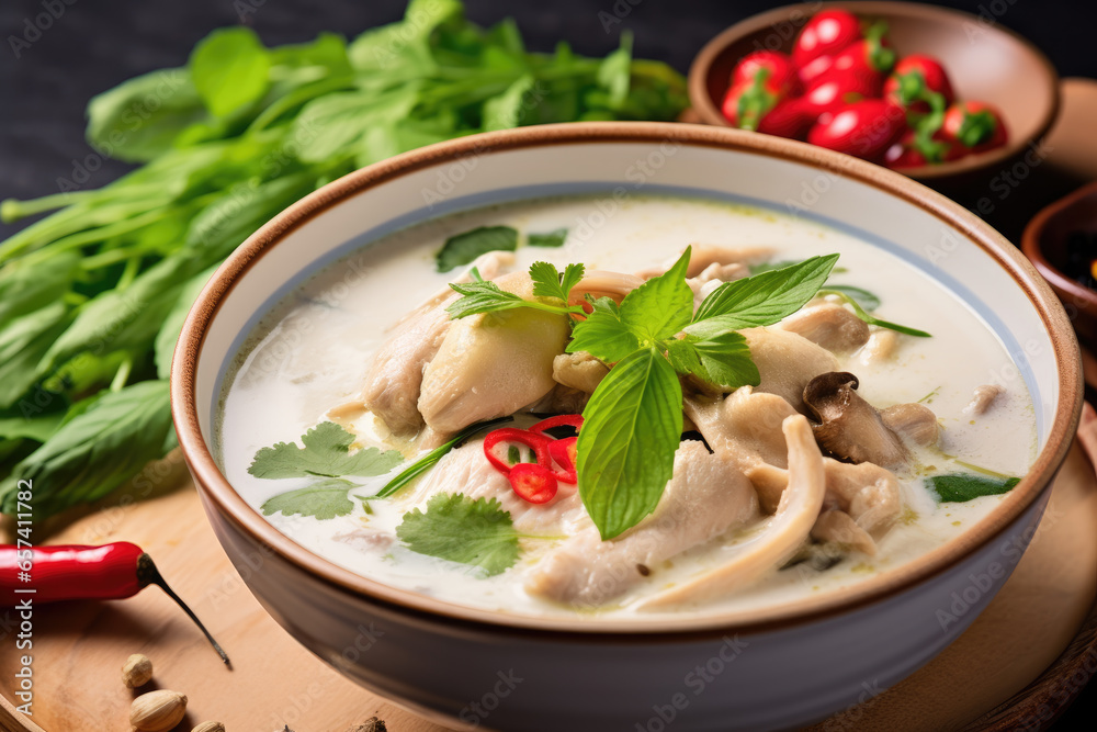 A delightful bowl of tom kha gai, a creamy and aromatic chicken coconut soup A delightful bowl of tom kha gai, a creamy and aromatic chicken coconut soup