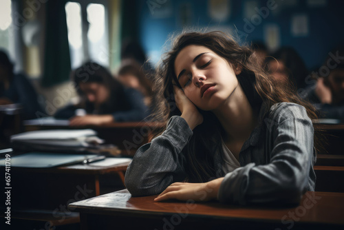  Female student bored sleepy, stressed girl in class