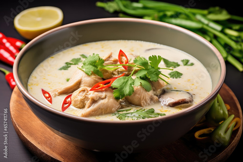 A delightful bowl of tom kha gai, a creamy and aromatic chicken coconut soup