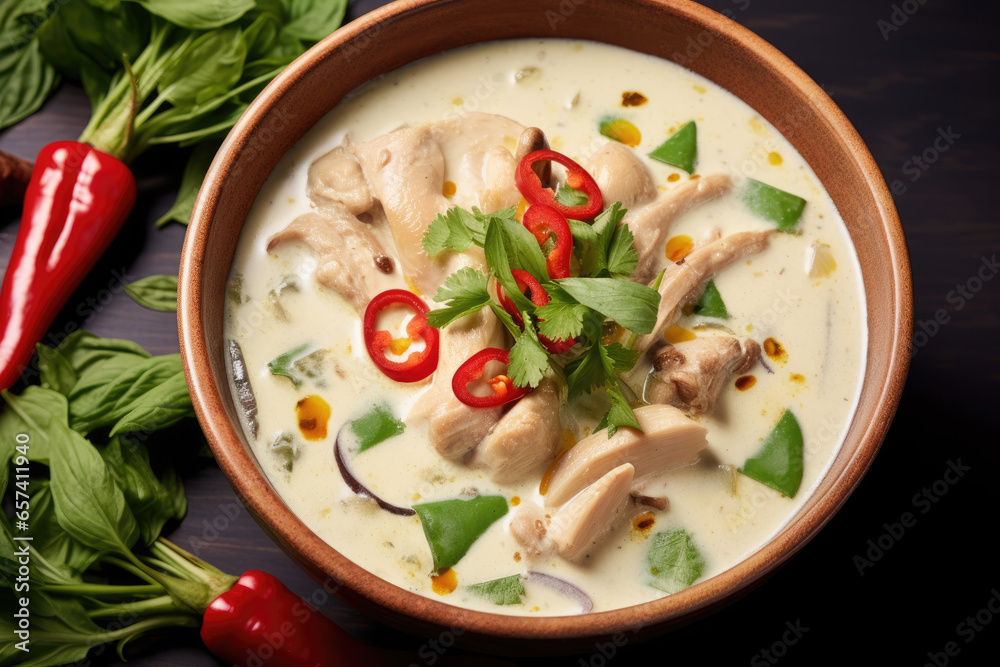 A delightful bowl of tom kha gai, a creamy and aromatic chicken coconut soup A delightful bowl of tom kha gai, a creamy and aromatic chicken coconut soup