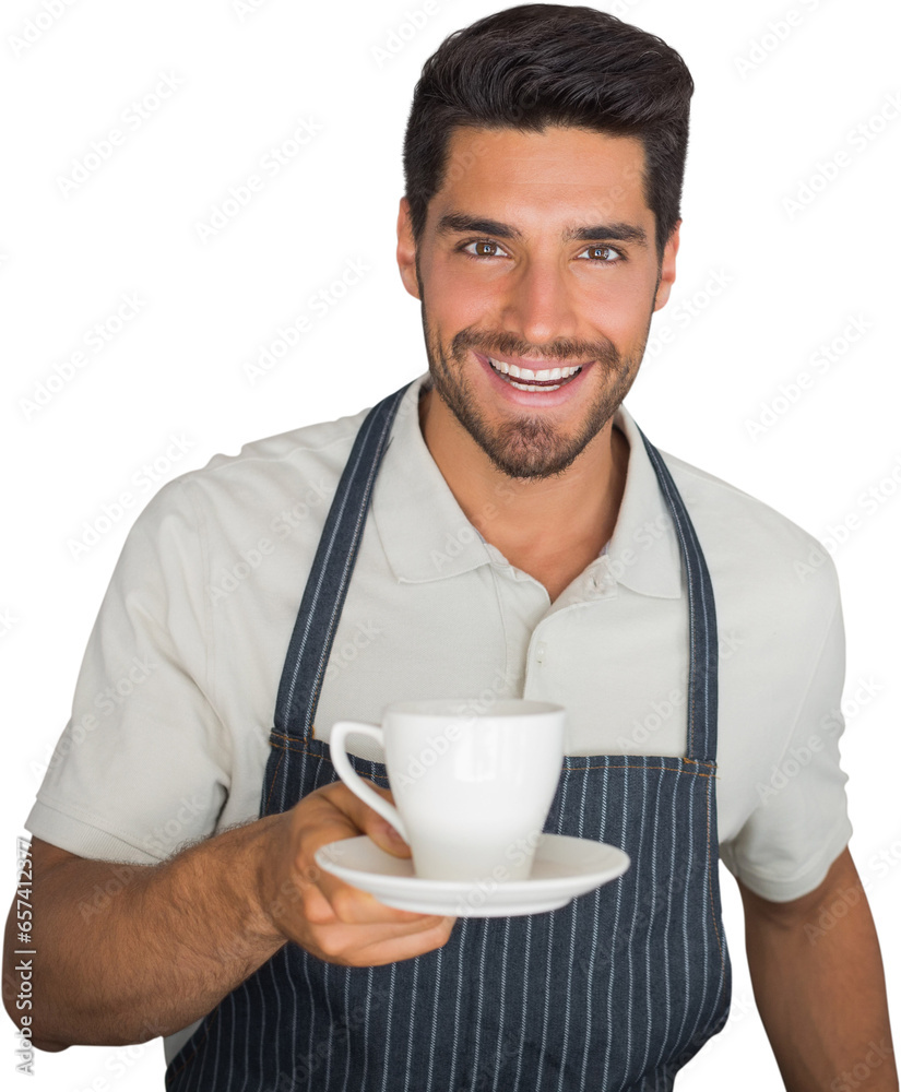 Digital png photo of caucasian man in apron holding cup of coffee on transparent background Digital png photo of caucasian man in apron holding cup of coffee on transparent background