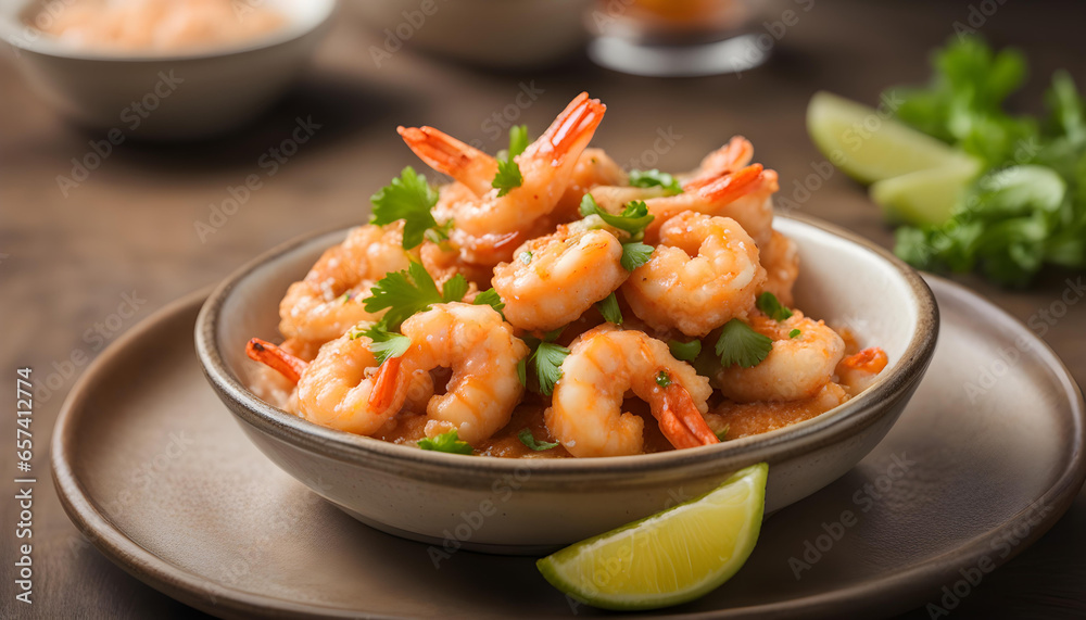 Yummy shrimp served with lemon in a dish isolated on table side view Yummy shrimp served with lemon in a dish isolated on table side view