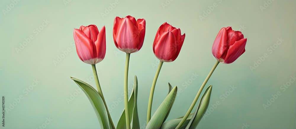 Obraz premium Three red tulips against isolated pastel background Copy space