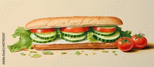 Sub sandwich with vegetables on isolated pastel background Copy space