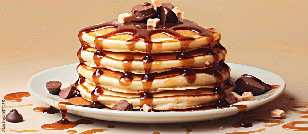 Stacked pancakes with chocolate syrup on isolated pastel background Copy space Stacked pancakes with chocolate syrup on isolated pastel background Copy space