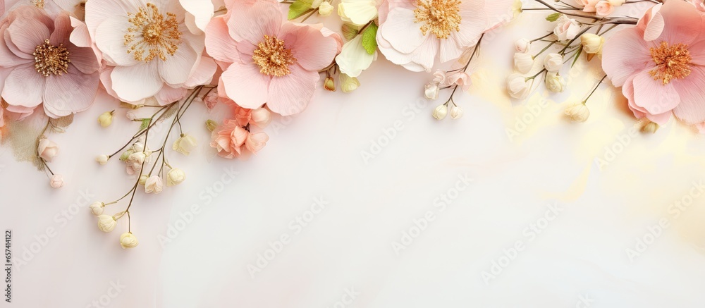 Rings and flowers for wedding decor isolated pastel background Copy space Rings and flowers for wedding decor isolated pastel background Copy space