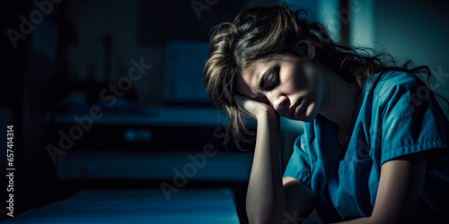 Exhausted female nurse in deep reflection: weight of healthcare challenges