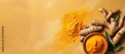 Raw turmeric extracted isolated pastel background Copy space
