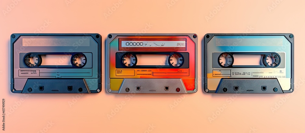 Fototapeta premium Top view of three retro video cassettes on a isolated pastel background Copy space showcasing 80s technology