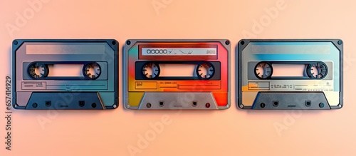 Top view of three retro video cassettes on a isolated pastel background Copy space showcasing 80s technology