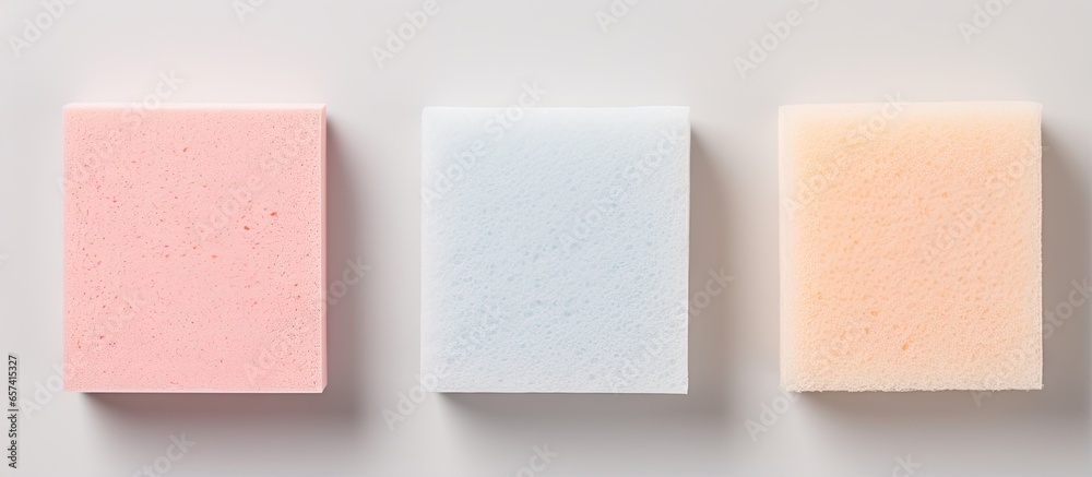 Three sponges in kitchen isolated isolated pastel background Copy space - obrazy, fototapety, plakaty 