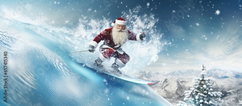 Santa Claus riding a snow covered world globe while surfing isolated pastel background Copy space