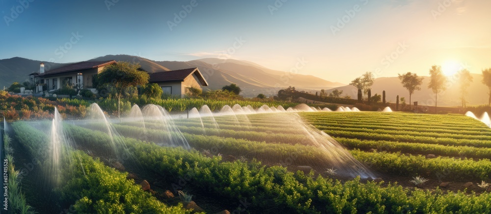 Autonomous irrigation system with diverse sprinklers installed in garden landscape Design includes lawns hills and fruit garden watered by smart sprayers in the evening Autonomous irrigation system with diverse sprinklers installed in garden landscape Design includes lawns hills and fruit garden watered by smart sprayers in the evening