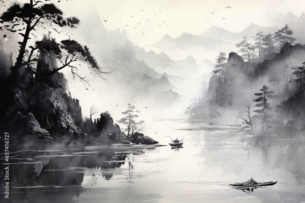 A minimalistic landscape painting in traditional japanese or chinese art style - obrazy, fototapety, plakaty 