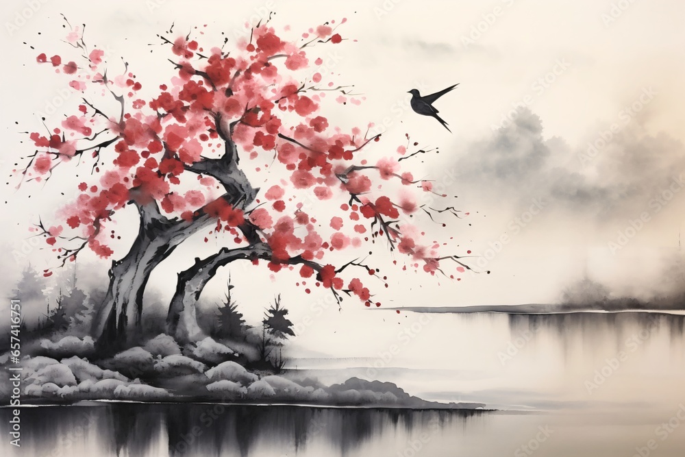 custom made wallpaper toronto digitalTraditional japanese style minimalistic painting with cherry blossom tree branches and a landscape