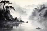 A minimalistic landscape painting in traditional japanese or chinese art style