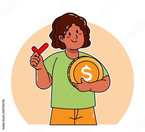 Cartoon woman holding dollar coin