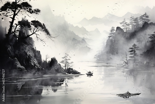A minimalistic landscape painting in traditional japanese or chinese art style photo